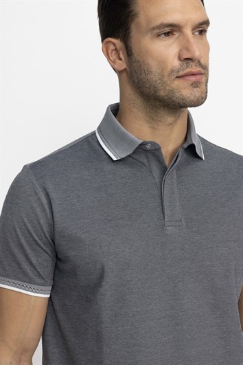 Erkek Regular Fit Rahat Kesim Pamuklu Gizli Düğme Gri Polo Yaka Tişört