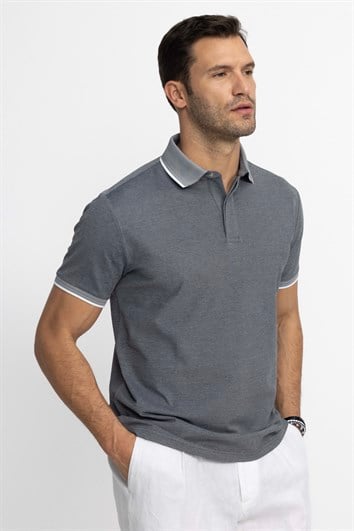 Erkek Regular Fit Rahat Kesim Pamuklu Gizli Düğme Gri Polo Yaka Tişört