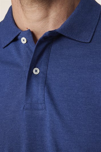 Erkek Regular Fit Klasik Kesim Pamuklu Düz Pike İndigo Jakarlı Yaka Tişört