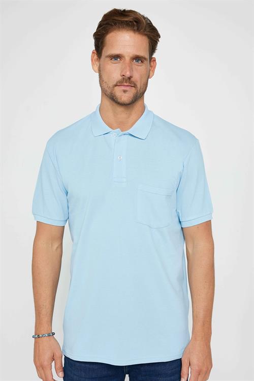 Erkek Regular Fit Klasik Kesim %100 Pamuk Düz Pike Mavi Polo Yaka Tişört
