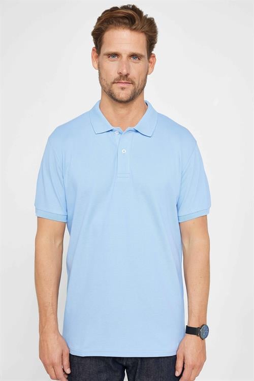 Erkek Regular Fit Klasik Kesim %100 Pamuk Düz Pike Mavi Polo Yaka Tişört