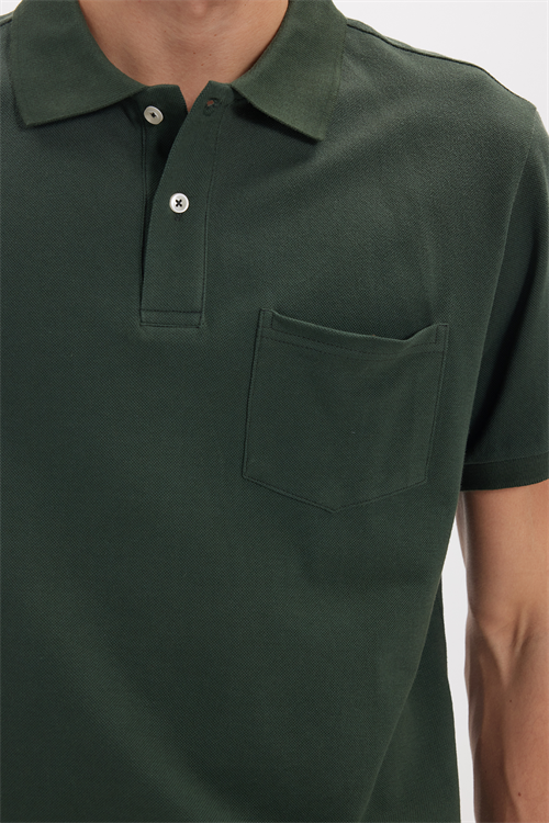 Erkek Regular Fit Klasik Kesim %100 Pamuk Düz Pike Cepli Haki Polo Yaka Tişört
