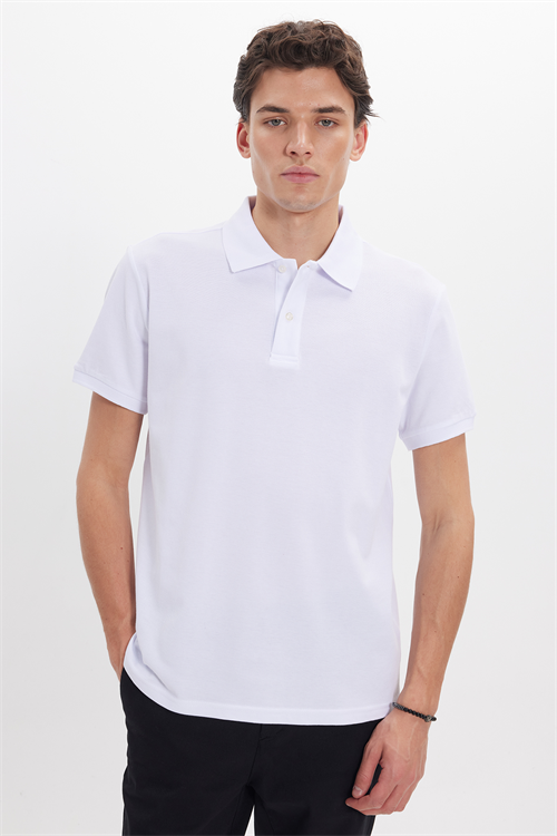 Erkek Regular Fit Rahat Kesim %100 Pamuk Düz Pike Beyaz Polo Yaka Tişört