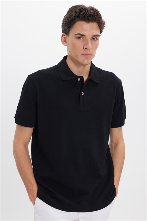 Erkek Regular Fit Rahat Kesim %100 Pamuk Düz Pike Siyah Polo Yaka Tişört