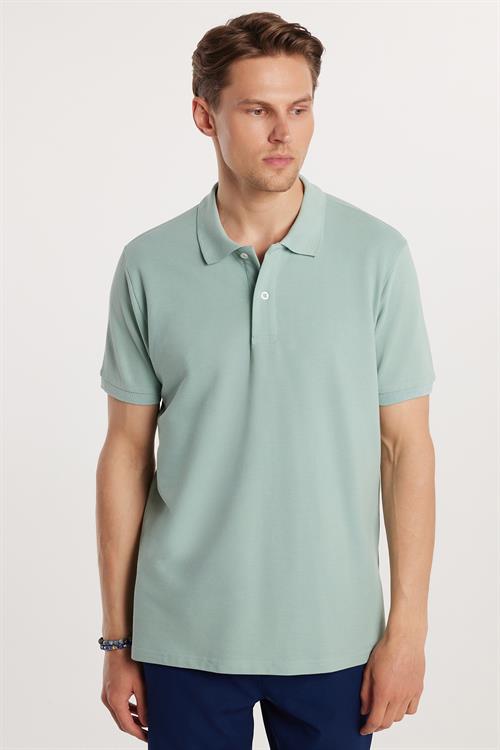 Erkek Regular Fit Rahat Kesim %100 Pamuk Düz Pike Mint Polo Yaka Tişört
