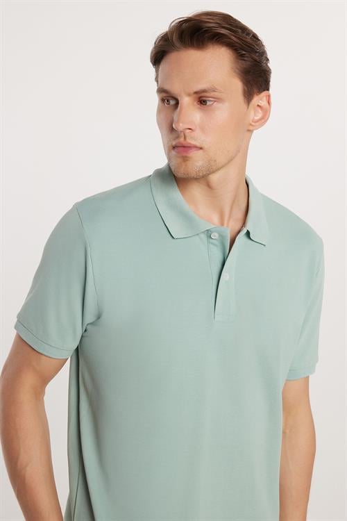 Erkek Regular Fit Rahat Kesim %100 Pamuk Düz Pike Mint Polo Yaka Tişört