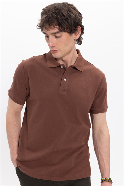 Erkek Regular Fit Rahat Kesim %100 Pamuk Düz Pike Kahverengi Polo Yaka Tişört