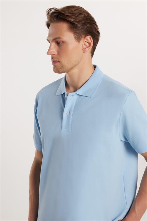 Erkek Regular Fit Rahat Kesim %100 Pamuk Düz Pike Mavi Polo Yaka Tişört