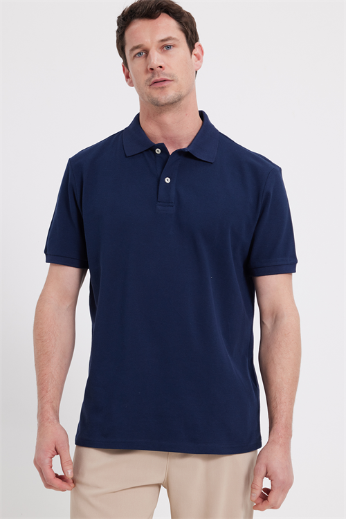 Erkek Regular Fit Rahat Kesim %100 Pamuk Düz Pike Lacivert Polo Yaka Tişört