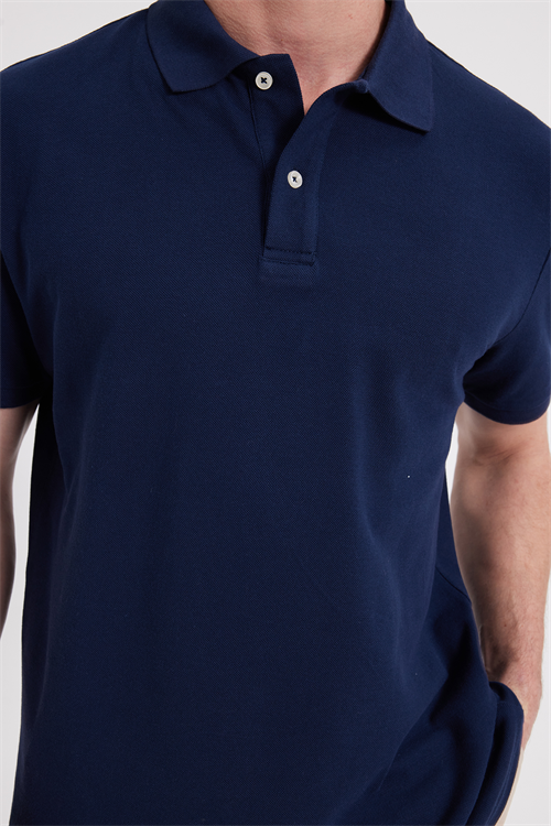Erkek Regular Fit Rahat Kesim %100 Pamuk Düz Pike Lacivert Polo Yaka Tişört