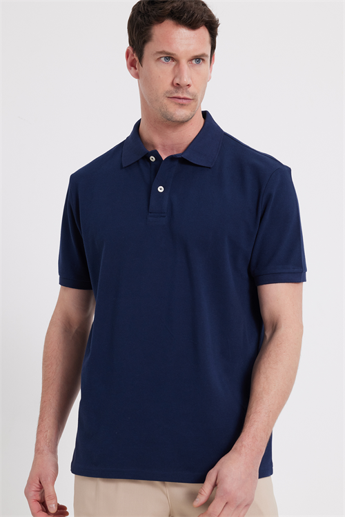 Erkek Regular Fit Rahat Kesim %100 Pamuk Düz Pike Lacivert Polo Yaka Tişört
