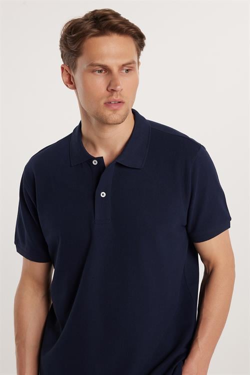 Erkek Regular Fit Klasik Kesim %100 Pamuk Düz Pike Lacivert Polo Yaka Tişört