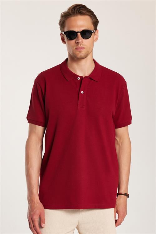 Erkek Regular Fit Klasik Kesim %100 Pamuk Düz Pike Bordo Polo Yaka Tişört