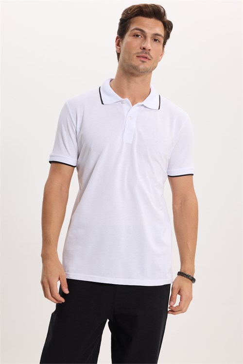 Erkek Regular Fit Rahat Kesim %100 Pamuk Kısa Kollu Çizgi Detaylı Beyaz Polo Yaka Tişört