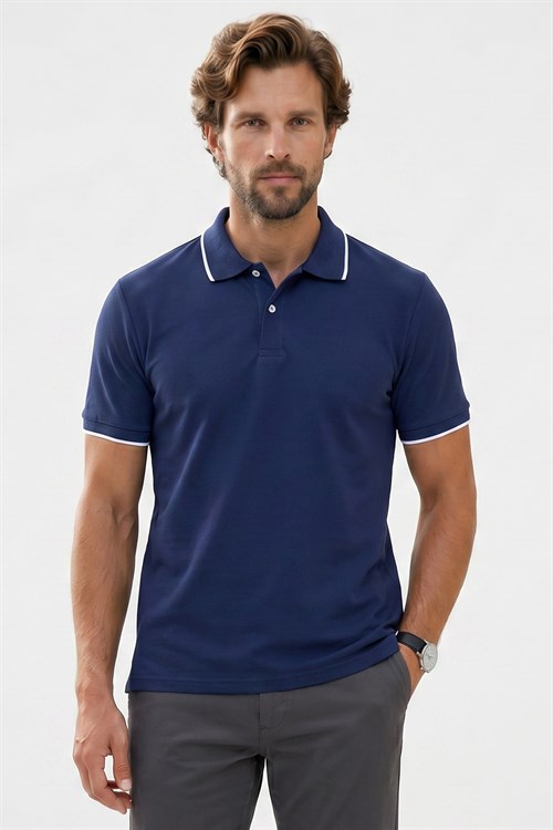 Erkek Regular Fit Klasik Kesim %100 Pamuk Kısa Kollu Çizgi Detaylı Lacivert Polo Yaka Tişört