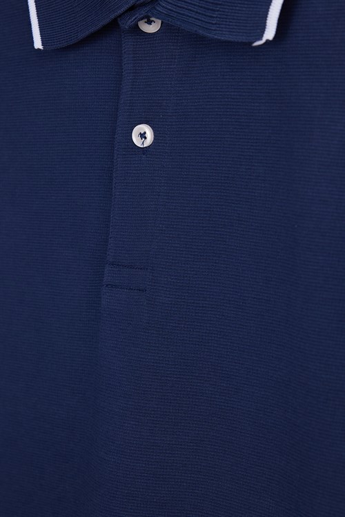 Erkek Regular Fit Klasik Kesim %100 Pamuk Kısa Kollu Çizgi Detaylı Lacivert Polo Yaka Tişört