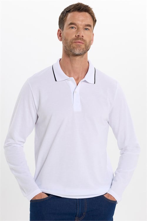 Erkek Regular Fit Rahat Kesim %100 Pamuk Uzun Kollu Düğmeli Beyaz Polo Yaka Tişört
