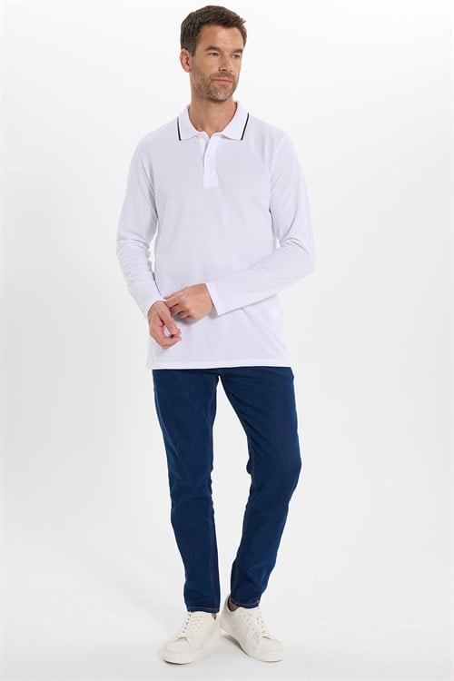 Erkek Regular Fit Rahat Kesim %100 Pamuk Uzun Kollu Düğmeli Beyaz Polo Yaka Tişört