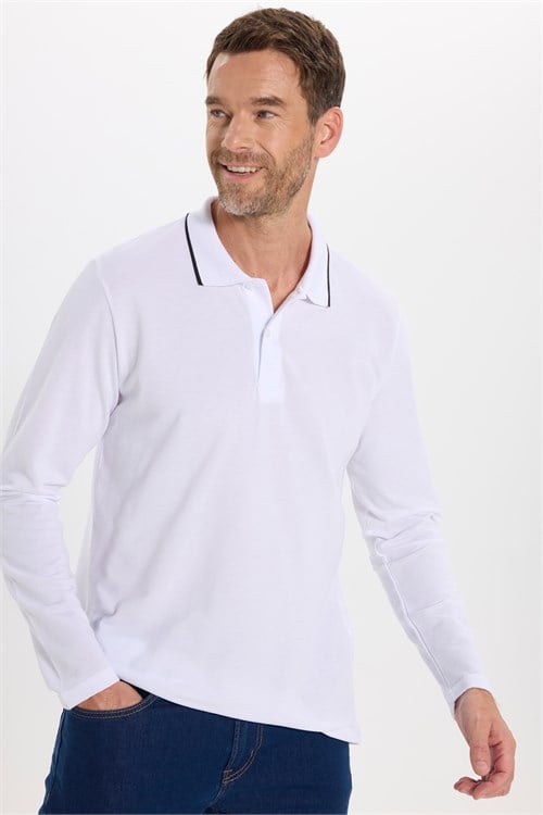 Erkek Regular Fit Rahat Kesim %100 Pamuk Uzun Kollu Düğmeli Beyaz Polo Yaka Tişört