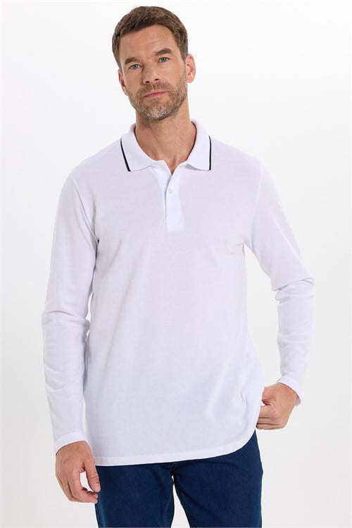 Erkek Regular Fit Rahat Kesim %100 Pamuk Uzun Kollu Düğmeli Beyaz Polo Yaka Tişört