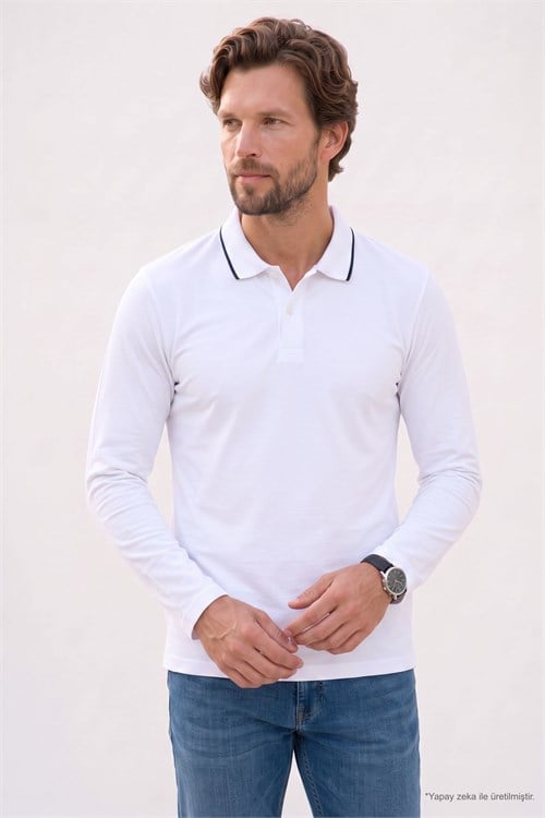 Erkek Regular Fit Rahat Kesim %100 Pamuk Uzun Kollu Düğmeli Beyaz Polo Yaka Tişört