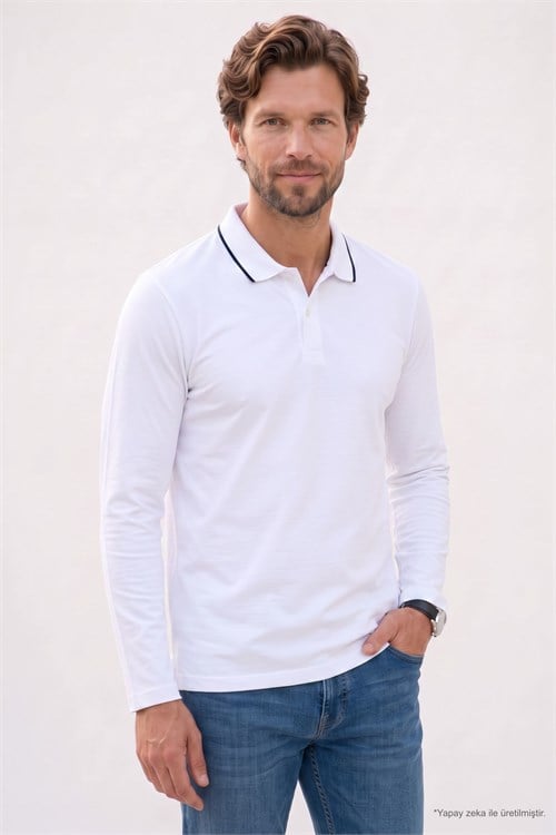 Erkek Regular Fit Rahat Kesim %100 Pamuk Uzun Kollu Düğmeli Beyaz Polo Yaka Tişört