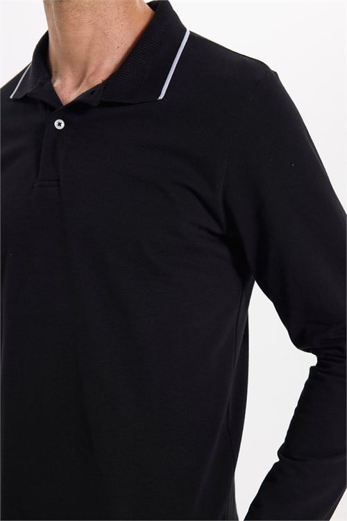 Erkek Regular Fit Rahat Kesim %100 Pamuk Uzun Kollu Düğmeli Siyah Polo Yaka Tişört