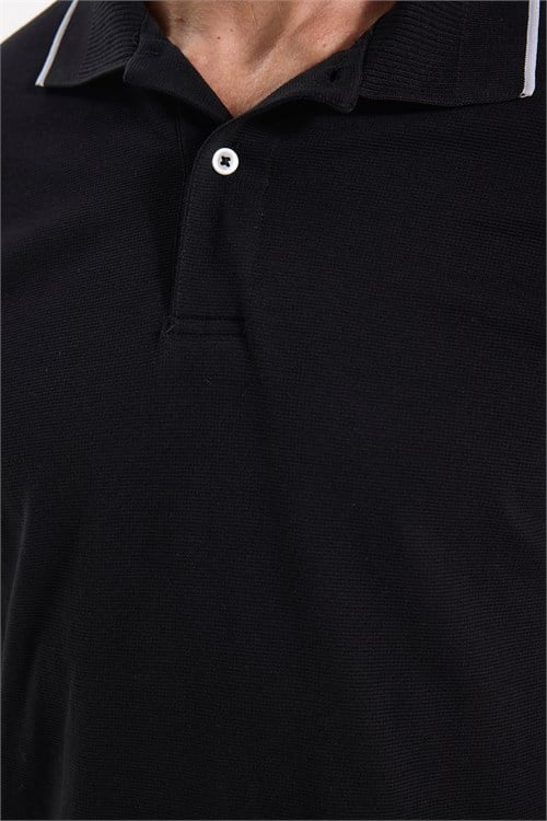 Erkek Regular Fit Rahat Kesim %100 Pamuk Uzun Kollu Düğmeli Siyah Polo Yaka Tişört