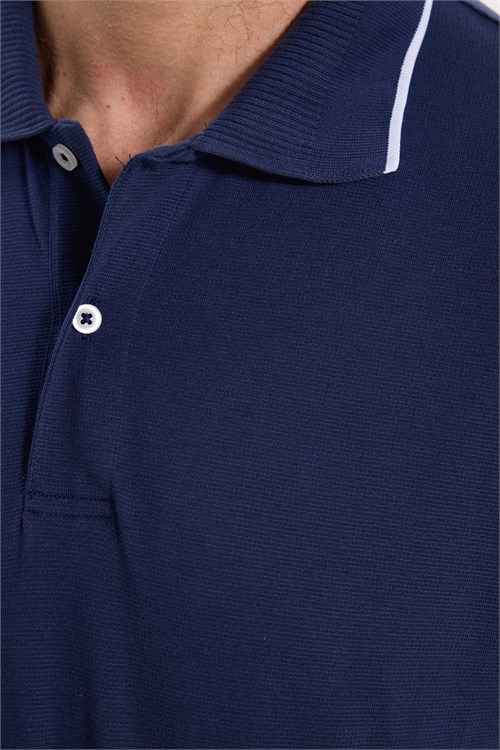 Erkek Regular Fit Rahat Kesim %100 Pamuk Uzun Kollu Düğmeli Lacivert Polo Yaka Tişört