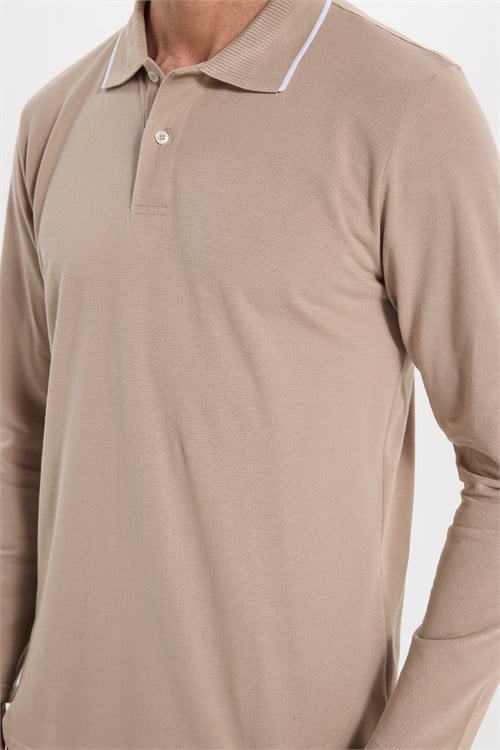 Erkek Regular Fit Rahat Kesim %100 Pamuk Uzun Kollu Düğmeli Taş Rengi Polo Yaka Tişört