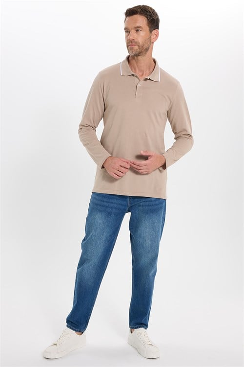 Erkek Regular Fit Rahat Kesim %100 Pamuk Uzun Kollu Düğmeli Taş Rengi Polo Yaka Tişört