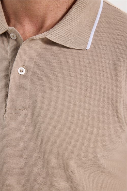 Erkek Regular Fit Rahat Kesim %100 Pamuk Uzun Kollu Düğmeli Taş Rengi Polo Yaka Tişört