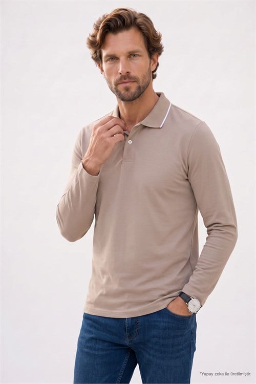 Erkek Regular Fit Rahat Kesim %100 Pamuk Uzun Kollu Düğmeli Taş Rengi Polo Yaka Tişört