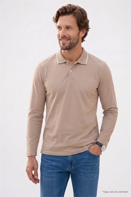 Erkek Regular Fit Rahat Kesim %100 Pamuk Uzun Kollu Düğmeli Taş Rengi Polo Yaka Tişört