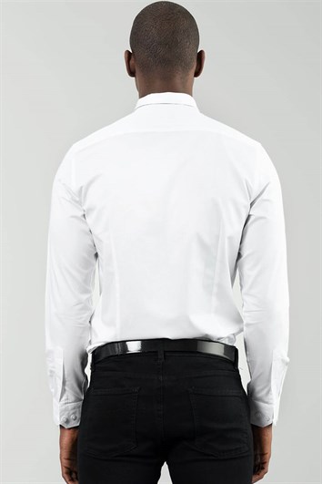 Slim Fit Uzun Kollu Düz İnce Pamuk Saten Erkek Beyaz Gömlek