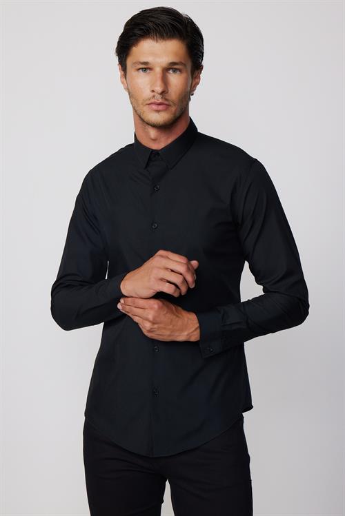 Slim Fit Uzun Kollu Pamuklu Kolay Ütü Erkek Siyah Gömlek