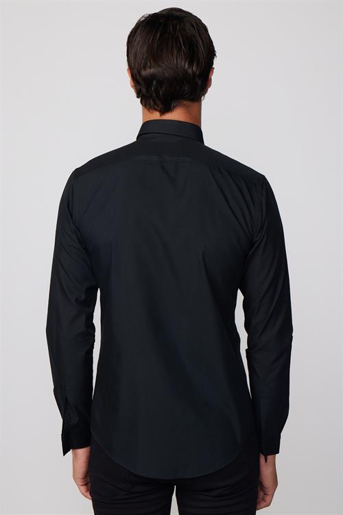 Slim Fit Uzun Kollu Pamuklu Kolay Ütü Erkek Siyah Gömlek
