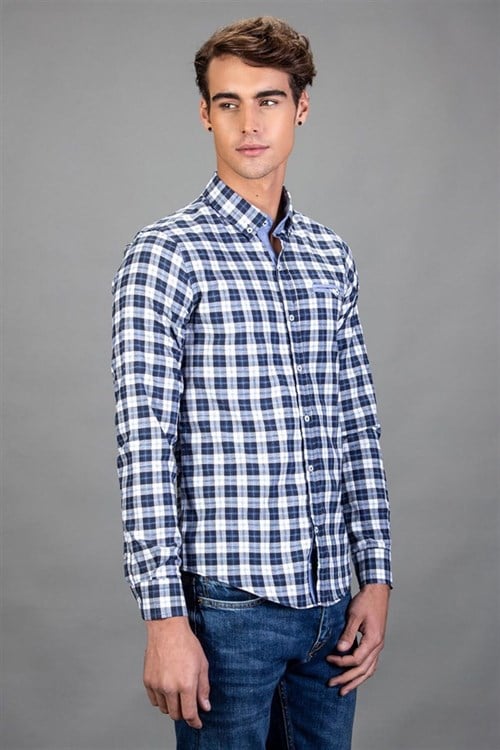 Slim Fit Uzun Kollu Kareli Pamuklu Kolay Ütü Erkek Renkli Beyaz Gömlek