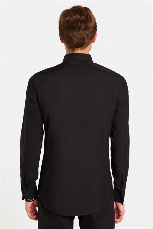 Slim Fit Uzun Kollu Pamuklu Kolay Ütü Siyah Erkek Gömlek