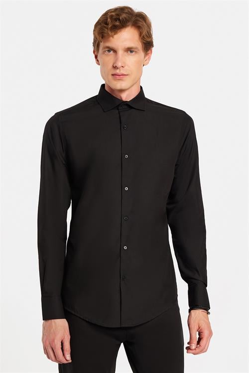 Slim Fit Uzun Kollu Pamuklu Kolay Ütü Siyah Erkek Gömlek