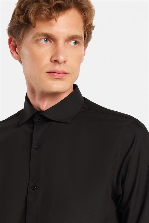 Slim Fit Uzun Kollu Pamuklu Kolay Ütü Siyah Erkek Gömlek
