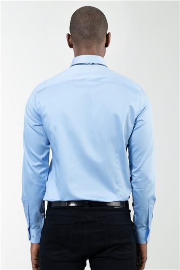 Slim Fit Uzun Kollu Pamuk Saten Erkek Mavi Gömlek