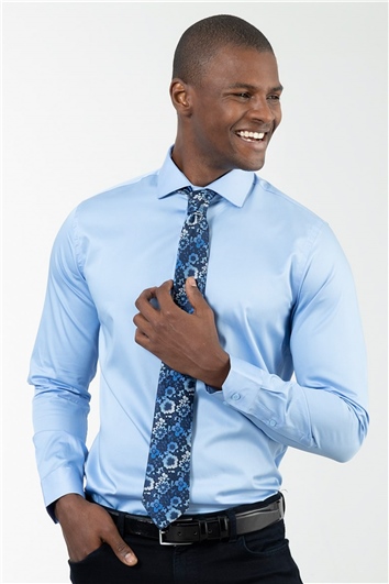 Slim Fit Uzun Kollu Pamuk Saten Erkek Mavi Gömlek
