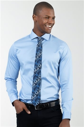 Slim Fit Uzun Kollu Pamuk Saten Erkek Mavi Gömlek