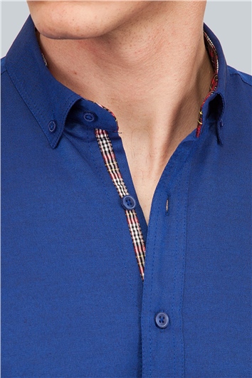 Erkek Slim Fit Dar Kesim Kısa Kollu Pamuklu Oxford Doku Sax Mavi Düğmeli Yaka Gömlek