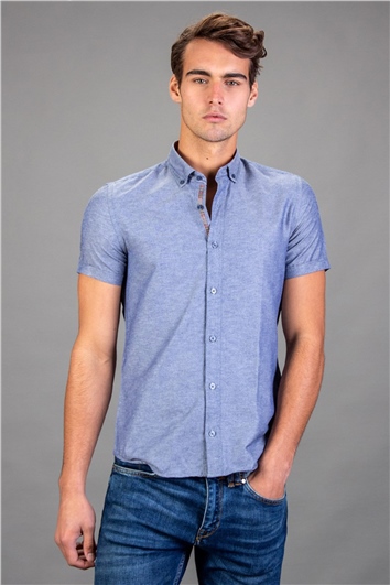 Erkek Slim Fit Dar Kesim Kısa Kollu Pamuklu Oxford Doku Lacivert Düğmeli Yaka Gömlek