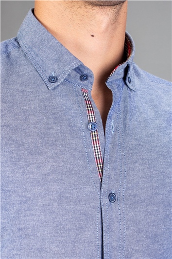 Erkek Slim Fit Dar Kesim Kısa Kollu Pamuklu Oxford Doku Lacivert Düğmeli Yaka Gömlek