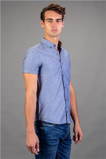 Erkek Slim Fit Dar Kesim Kısa Kollu Pamuklu Oxford Doku Lacivert Düğmeli Yaka Gömlek