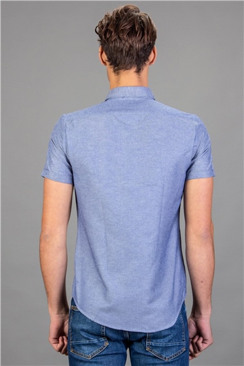 Erkek Slim Fit Dar Kesim Kısa Kollu Pamuklu Oxford Doku Lacivert Düğmeli Yaka Gömlek