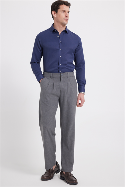 Modern Slim Fit Uzun Kollu Pamuklu Kolay Ütü Armürlü Erkek Lacivert Gömlek